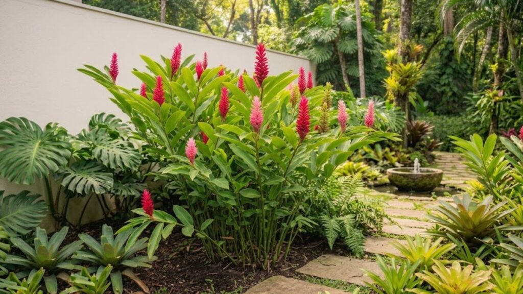 Alpínia purpurata com flores vermelhas e rosadas em jardim tropical