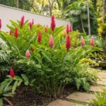Alpínia purpurata com flores vermelhas e rosadas em jardim tropical
