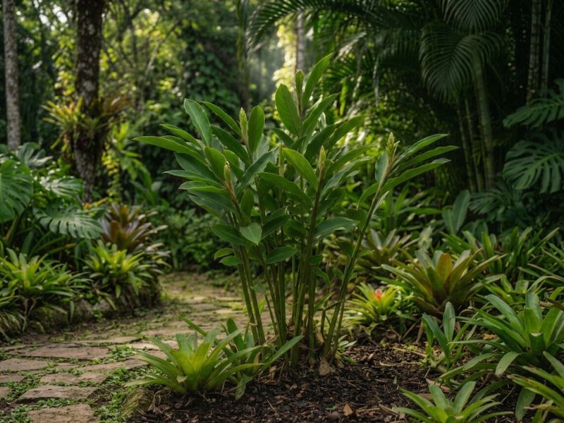 Alpínia purpurata com muitas folhas e poucas flores em local sombreado