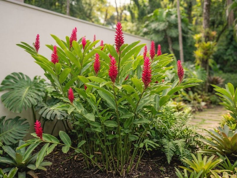 Planta adulta de alpínia purpurata com folhas e flores vermelhas