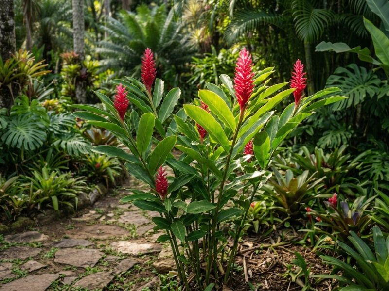 Alpínia purpurata recebendo sol suave em área de meia sombra