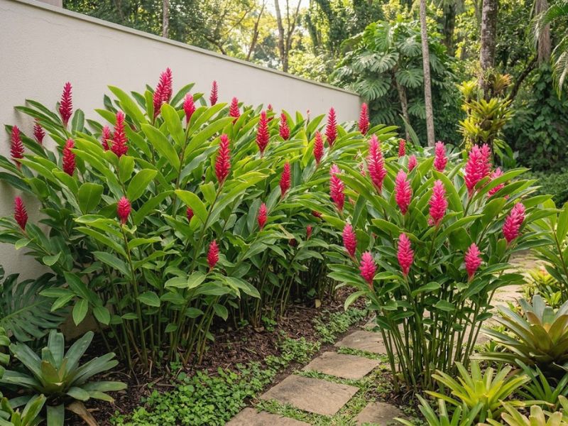 Alpínias purpurata com inflorescências vermelhas e rosadas