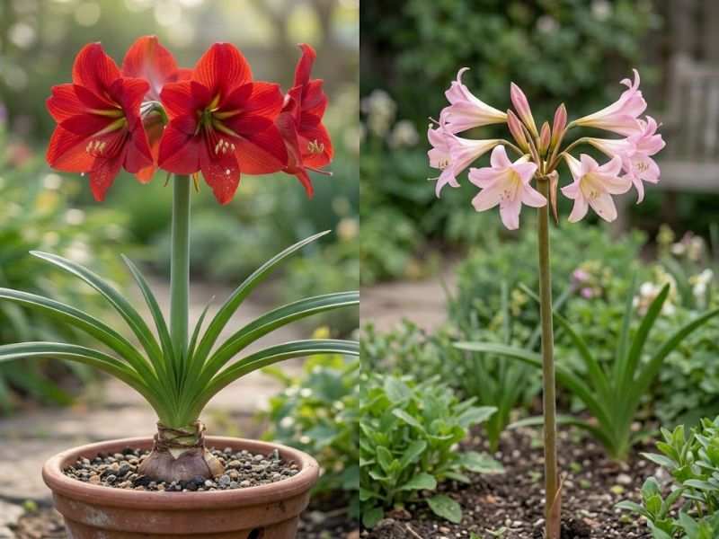 Comparação entre Hippeastrum vermelho em vaso e Amaryllis belladonna rosa no jardim