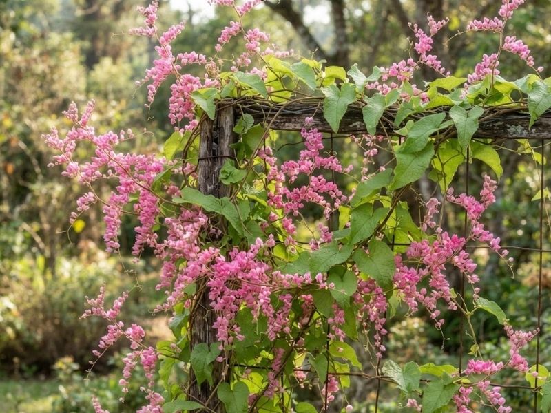 Amor agarradinho com folhas em formato de coração e pequenas flores rosa