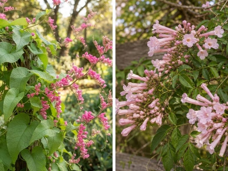 Amor agarradinho comparado com outra trepadeira de flores rosadas
