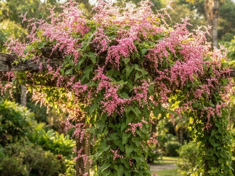 Amor agarradinho com floração rosa abundante no jardim