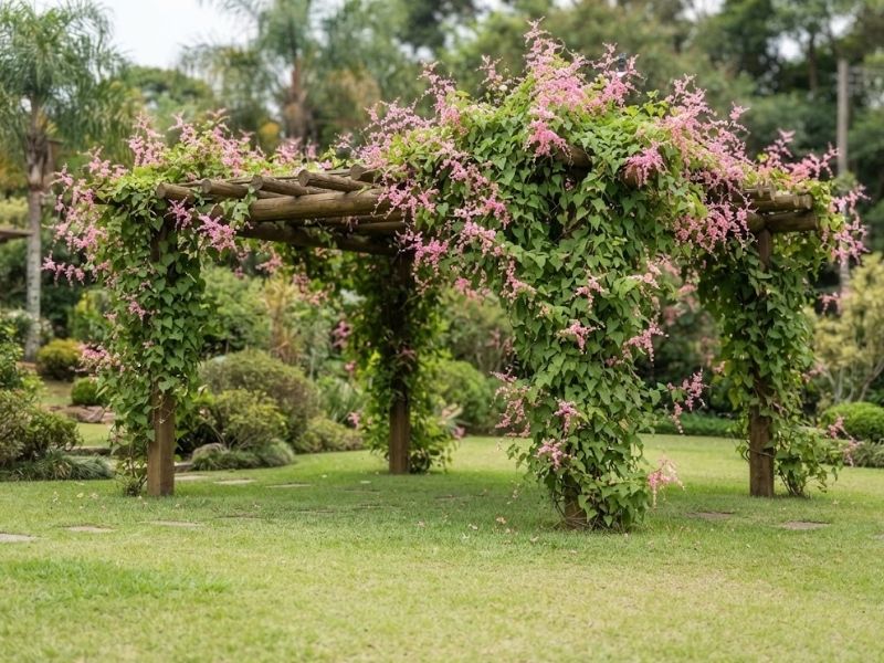 Amor agarradinho conduzido em pergolado no jardim