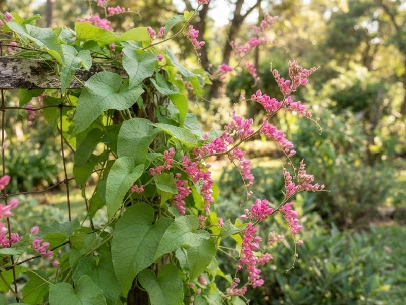 Folhas e pequenas flores rosa do amor agarradinho em detalhe