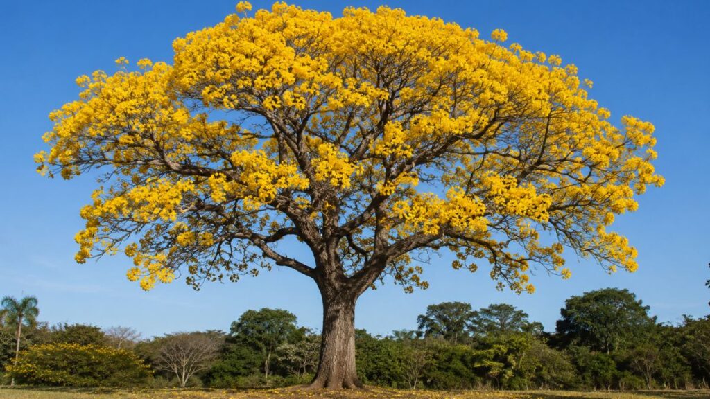Árvore ipê-amarelo adulta com copa coberta por flores amarelas e sem folhas
