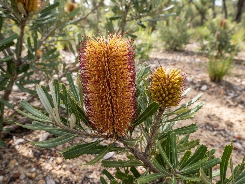 Banksias com inflorescências cilíndricas em tons dourados usadas como flores de corte