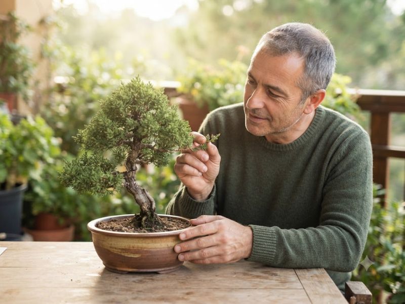 Pai observando um pequeno bonsai em vaso de cerâmica