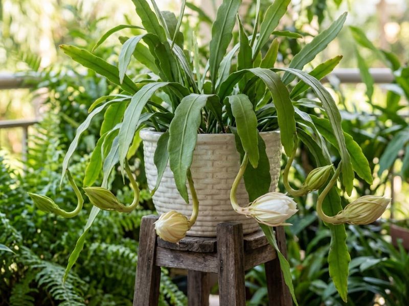 Cacto-orquídea adulto com vários botões florais próximos da abertura