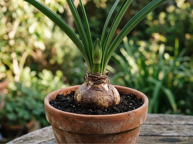 Nova haste floral surgindo de um bulbo firme de amarílis