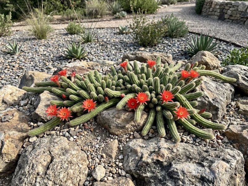 Cacto amendoim florido crescendo entre pedras em jardim seco e ensolarado