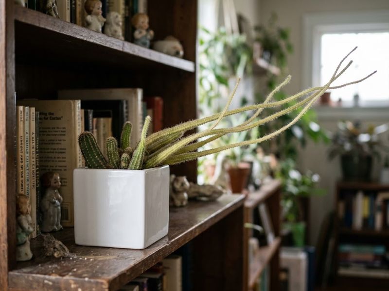Cacto amendoim estiolado com caules finos e alongados inclinados em direção à janela