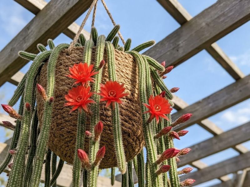 Cacto amendoim florido com caules pendentes em cesta suspensa sob luz da primavera