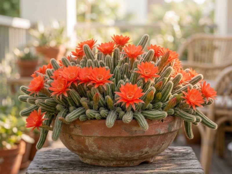 Cacto amendoim florido formando touceira com caules cilíndricos em vaso de terracota