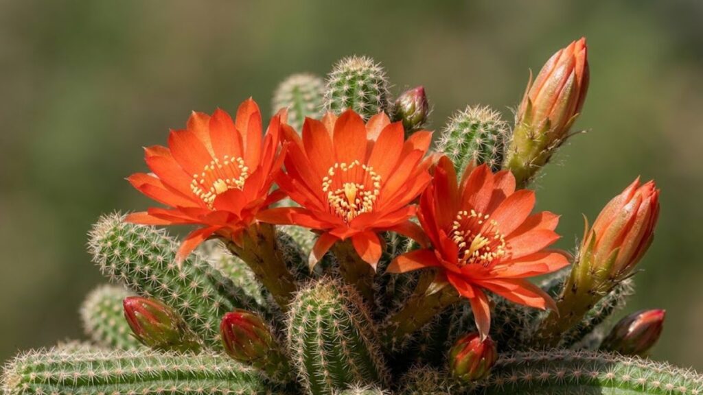 Cacto amendoim florido com flores vermelho-alaranjadas e vários botões em close-up