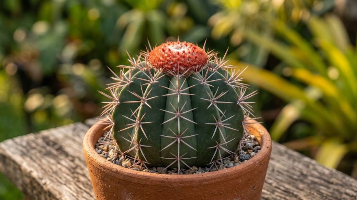 Cacto cabeça de frade adulto com pequeno cefálio vermelho em vaso de barro