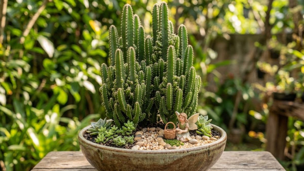 Cacto castelo de fada em mini jardim com fadinha e cestinha