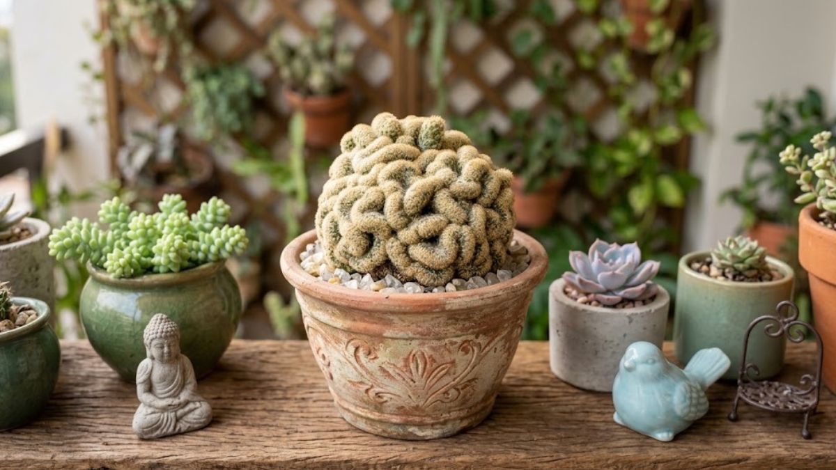 Cacto cérebro em vaso de cerâmica entre cactos e suculentas