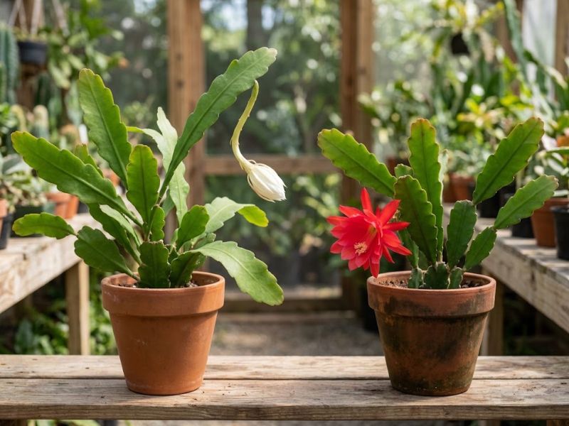 Cacto dama da noite e cacto-orquídea híbrido cultivados em vasos separados