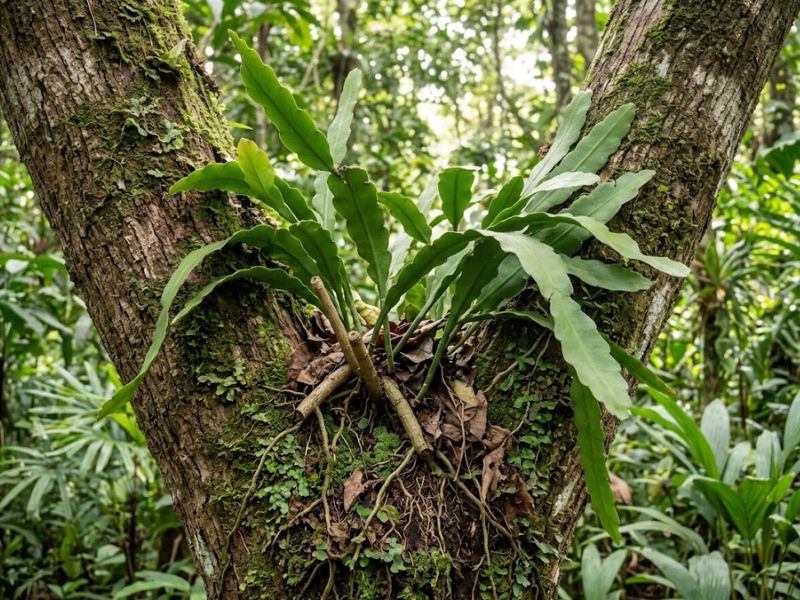 Cacto dama da noite crescendo como planta epífita sobre o tronco de uma árvore