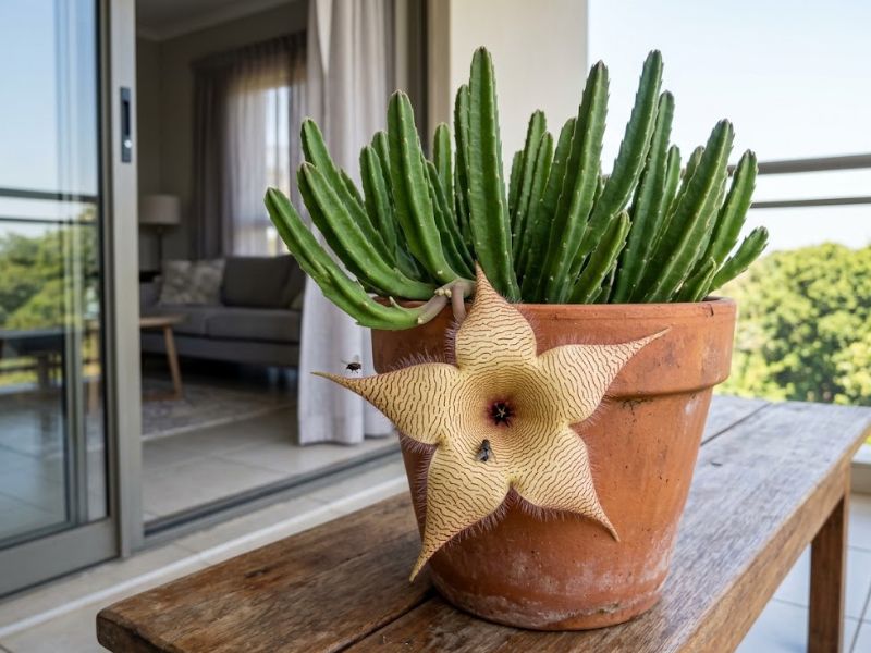 Cacto estrela florido em varanda ventilada próxima à porta da casa