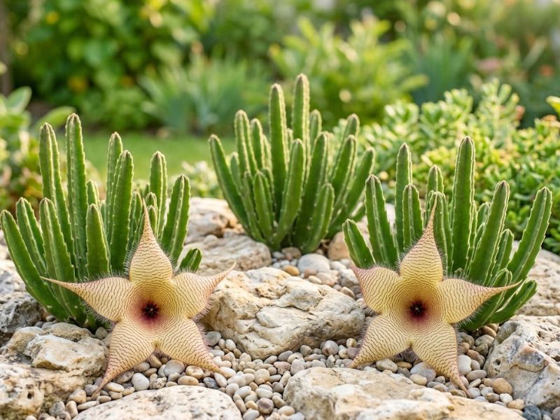 Touceiras de cacto estrela floridas em jardim de pedras claro e ensolarado