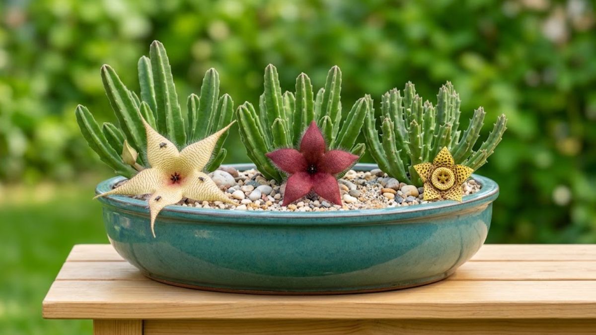 Três tipos de cacto estrela com flores creme, vinho e amarela em vaso de cerâmica azul