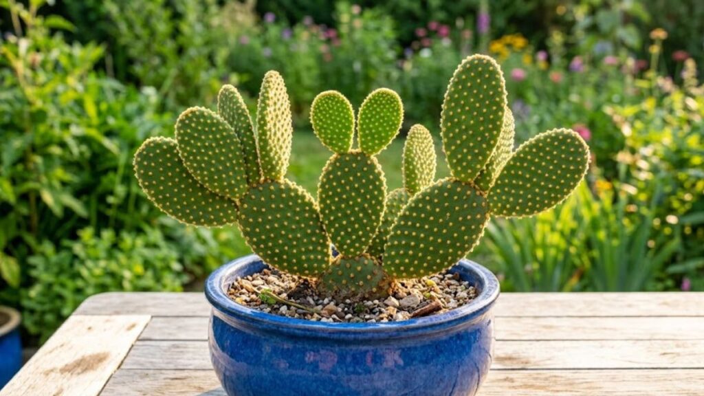 Cacto orelha de Mickey com palmas verdes e gloquídeos dourados em vaso azul