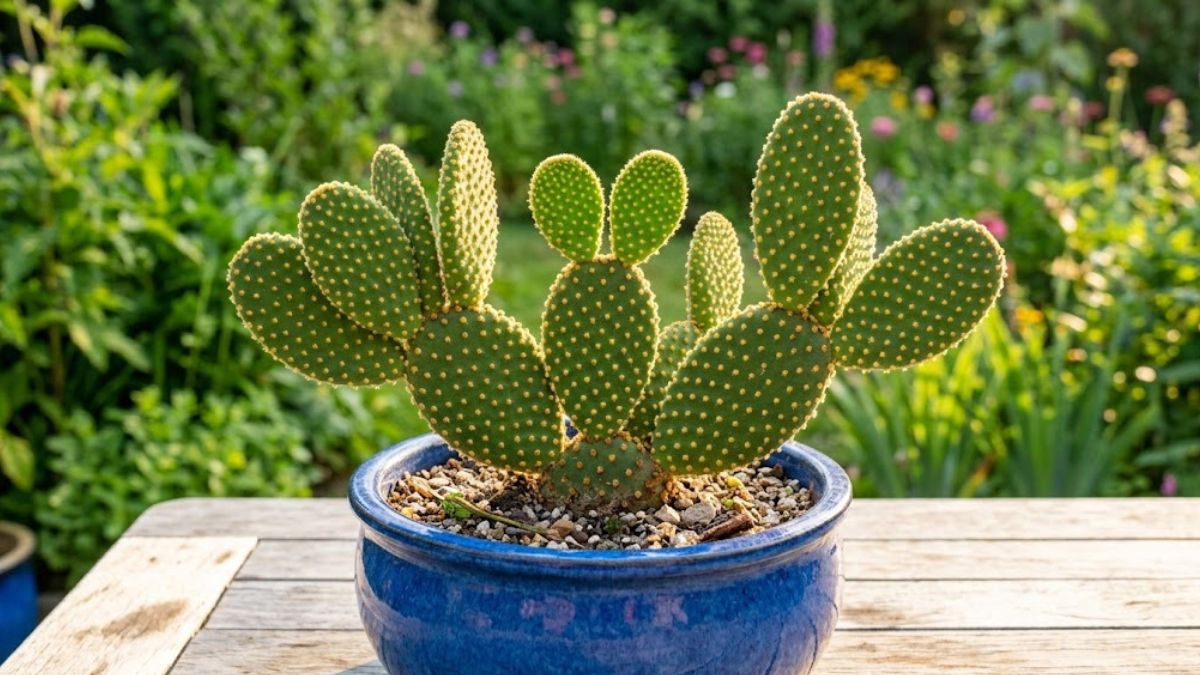 Cacto orelha de Mickey com palmas verdes e gloquídeos dourados em vaso azul
