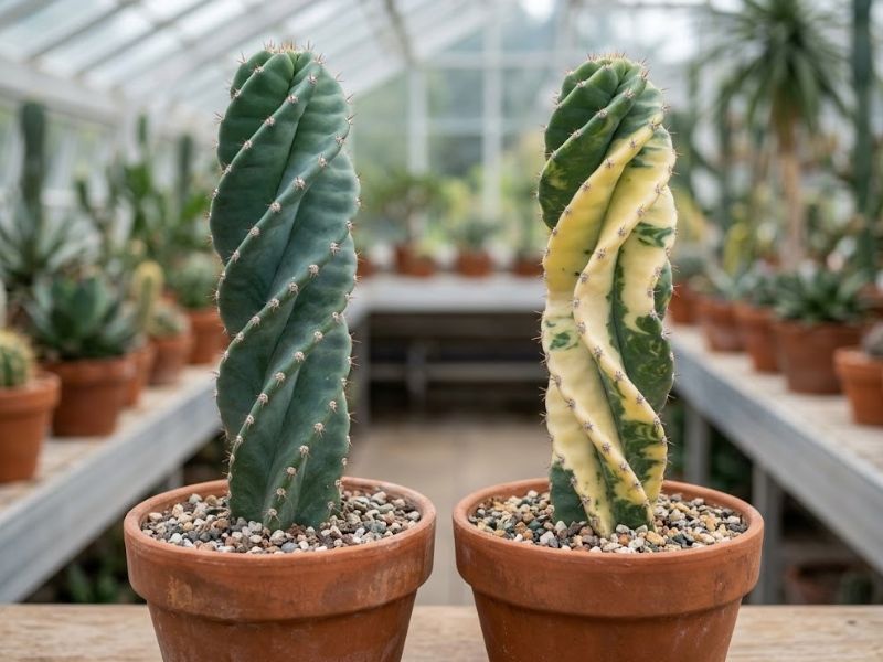 Cactos parafuso com coloração verde-azulada e variegação creme