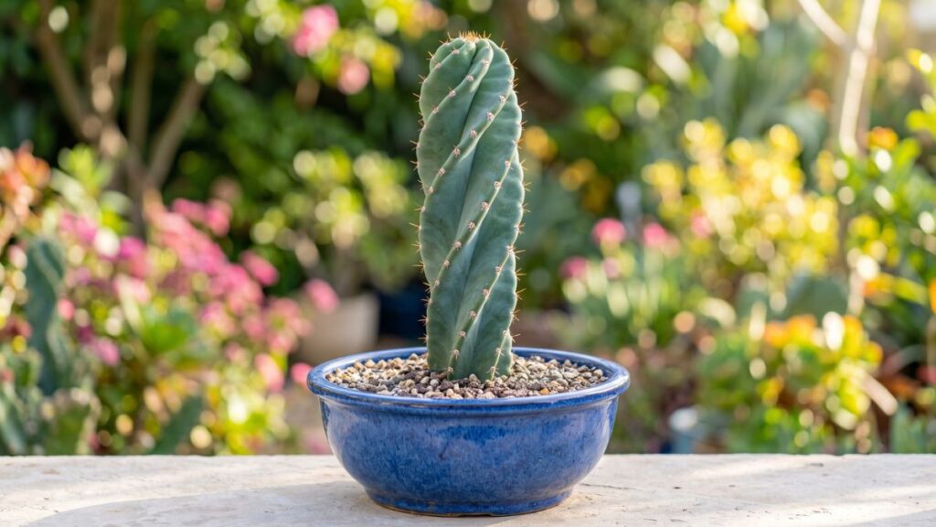 Cacto parafuso verde-azulado com costelas em espiral cultivado em vaso de cerâmica azul