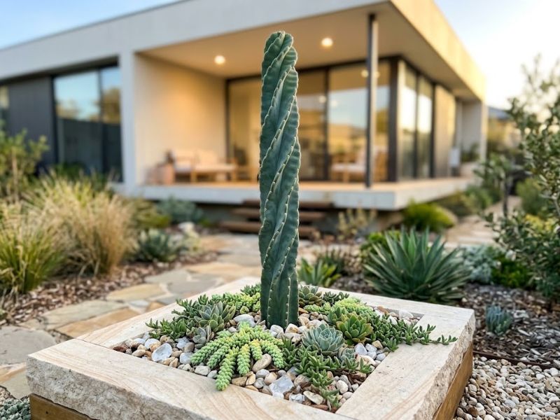 Cacto parafuso usado como destaque em jardim contemporâneo