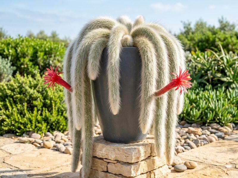 Cacto rabo de macaco adulto e florido decorando um jardim iluminado