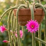 Cacto rabo de rato pendente com flores rosa em vaso de terracota