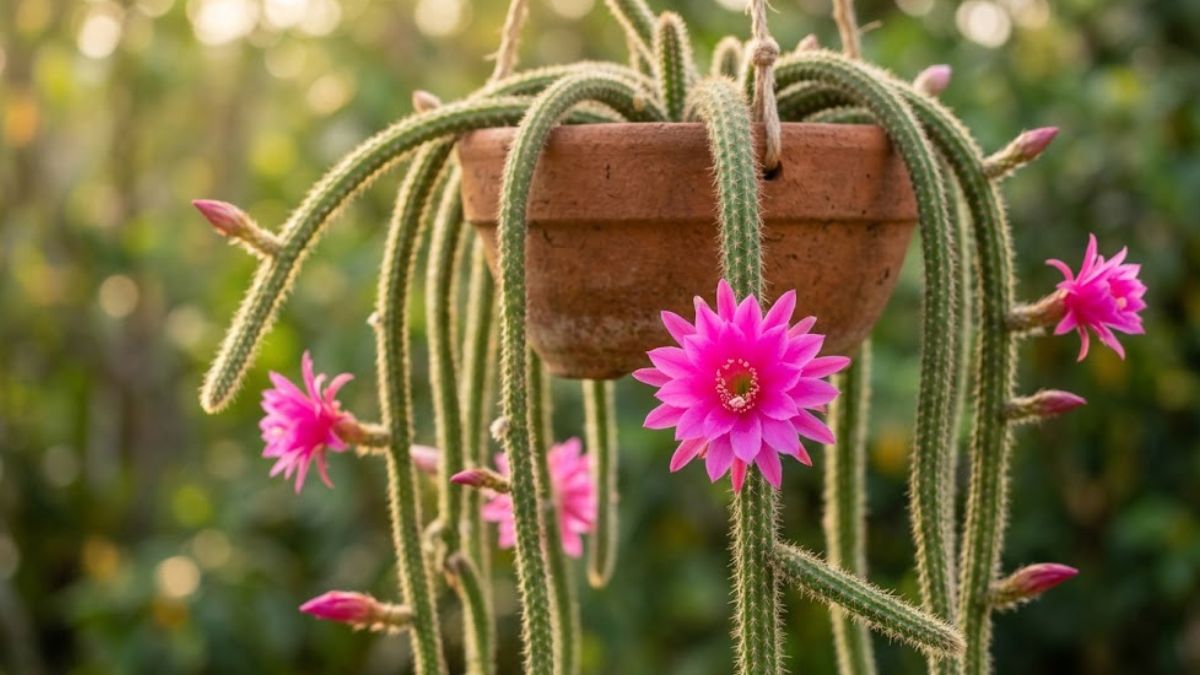 Cacto rabo de rato pendente com flores rosa em vaso de terracota