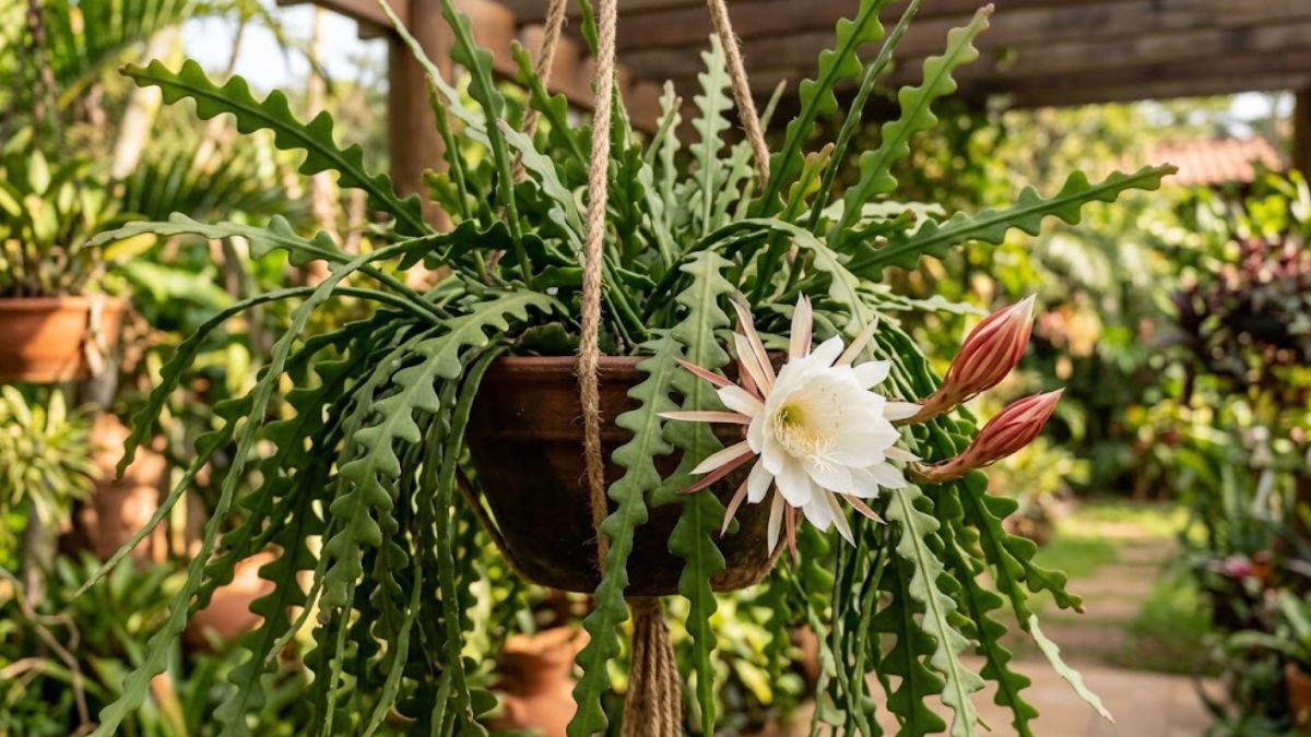 Cacto sianinha em vaso pendurado com flor aberta e botões