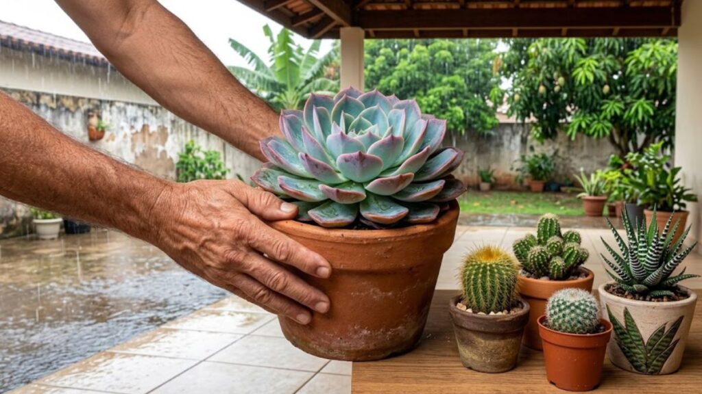 Pessoa protege cactos e suculentas na chuva levando os vasos para uma varanda coberta