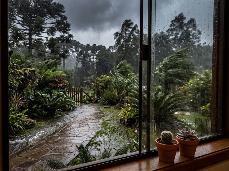 Echeveria e pequeno cacto em vasos drenáveis recebendo chuva leve
