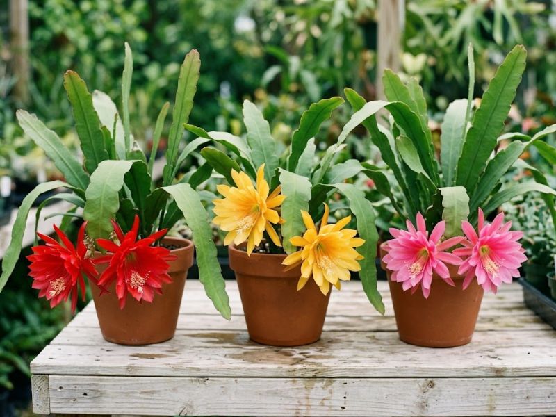 Cactos-orquídea híbridos com flores vermelhas, amarelas e rosas em três vasos