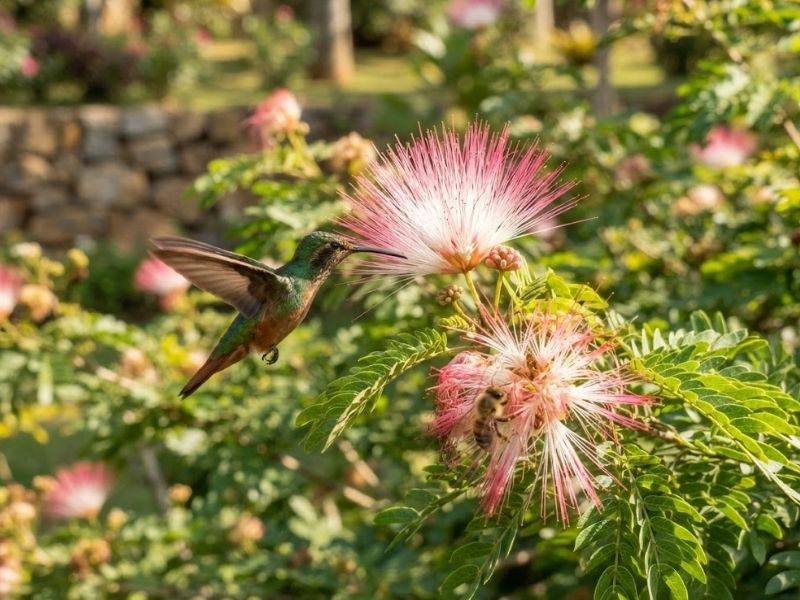 Beija-flor e abelha visitando flores rosas de caliandra no jardim.