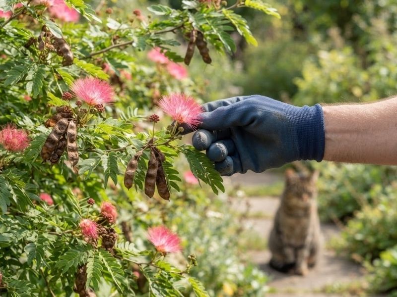 Flores, folhas e vagens de caliandra sendo observadas com cuidado no jardim.