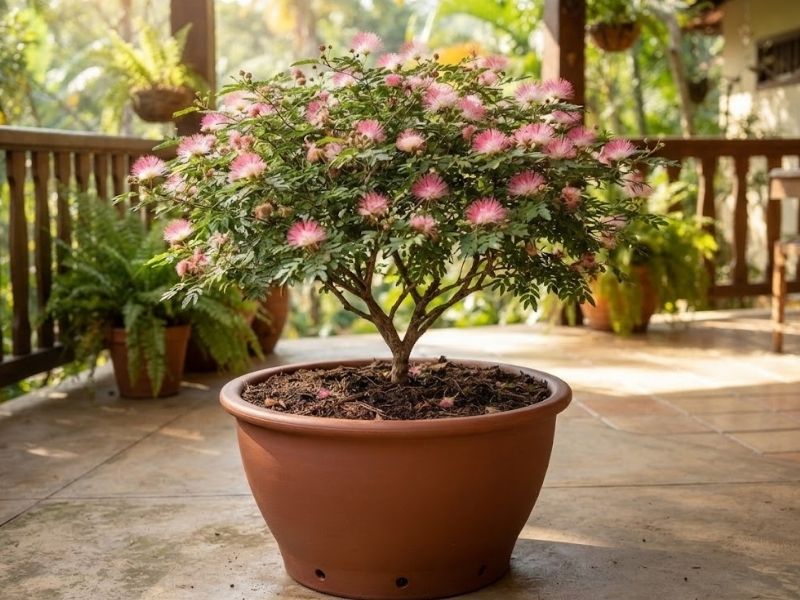 Caliandra rosa florida cultivada em vaso grande em área externa ensolarada.