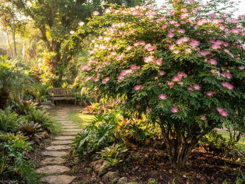 Caliandra rosa adulta e florida ao lado de caminho em jardim residencial.