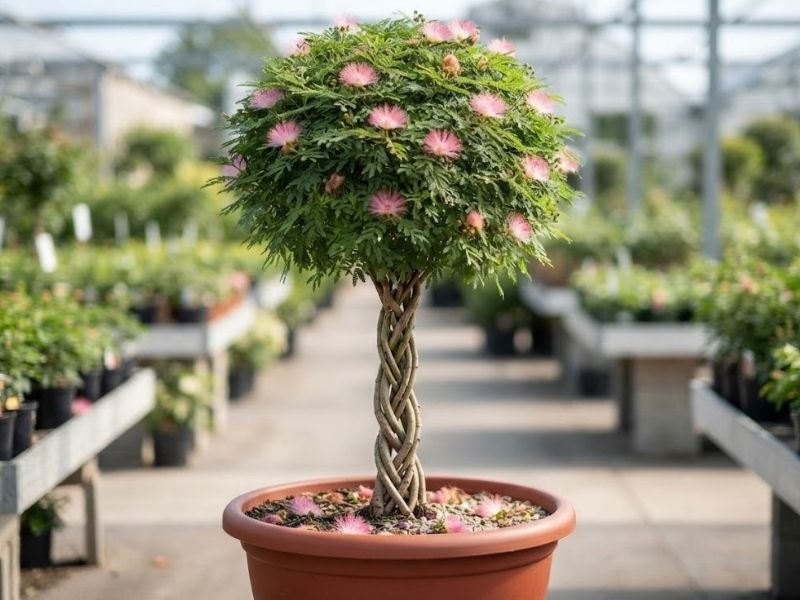 Caliandra em vaso com caule trançado e copa arredondada por topiaria.