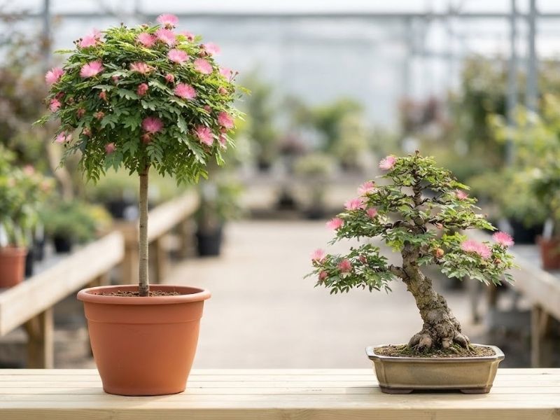 Caliandra com copa de topiaria ao lado de bonsai cultivado em vaso raso.