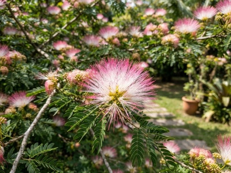 Flor de caliandra com estames rosados e folhas bipinadas em detalhe.