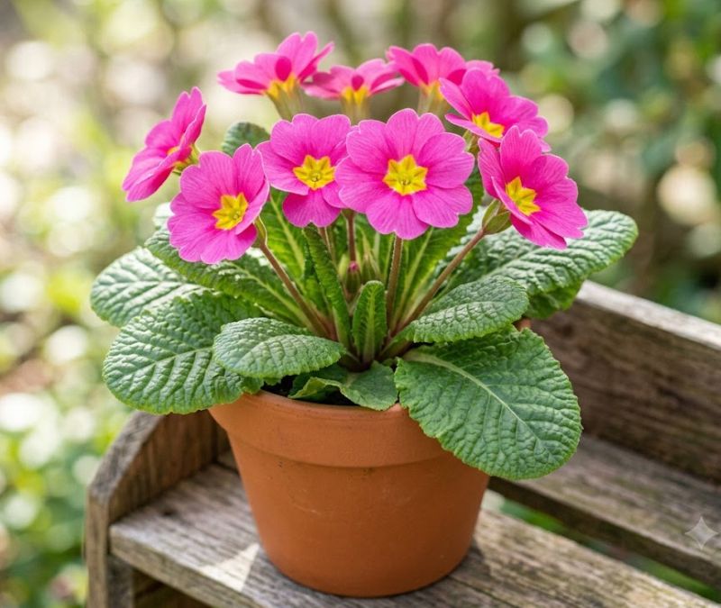 Flor prímula rosa com folhas verdes enrugadas e flores de cinco pétalas